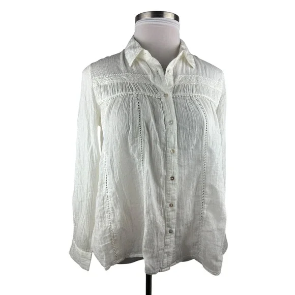 Sundance White Cotton Long Sleeve Button Up Blouse Crochet Boho Sheer Size Small - Picture 3 of 14